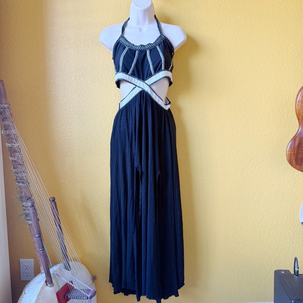 ZhenNymph Black Cotton Halter Tie Back Tie Y2K Festival Double Slit Dress